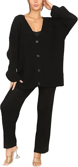Ladies 2-piece Italian knitted cardigan and wide-leg loungewear co-ord tracksuit set in Black color