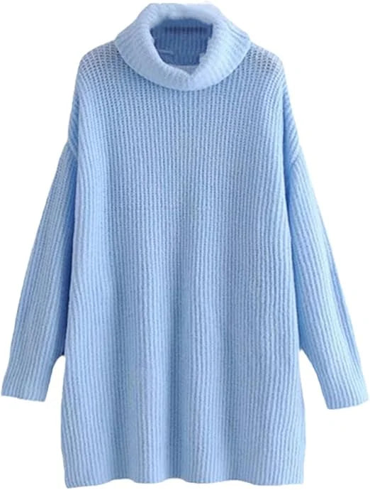 Women’s chunky knitted high roll neck jumper dress in blue color