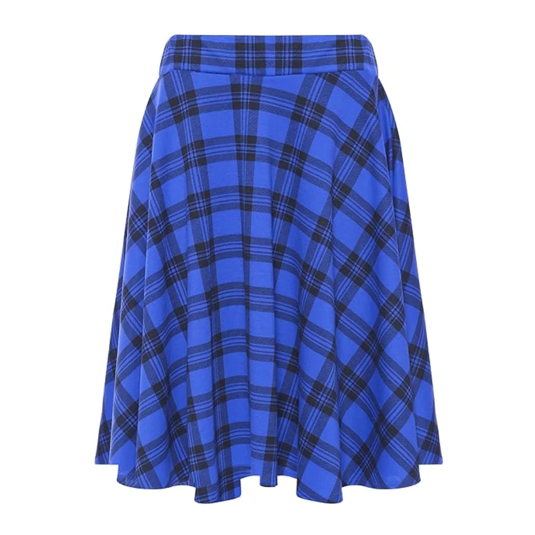 Ladies plain stretchy skater skirt in Blue Tartan color