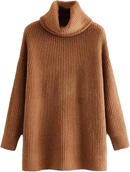 Women’s chunky knitted high roll neck jumper dress in brown color