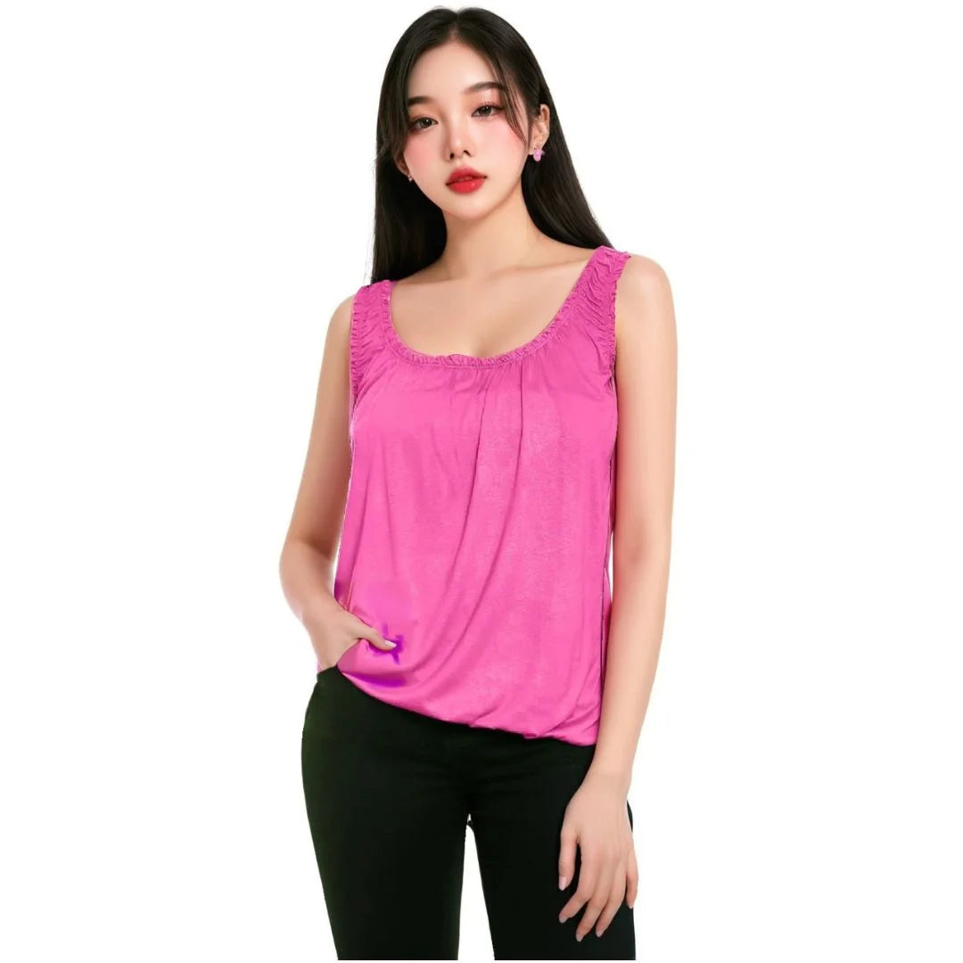 Women’s sleeveless bubble hem tank top in Ceries color