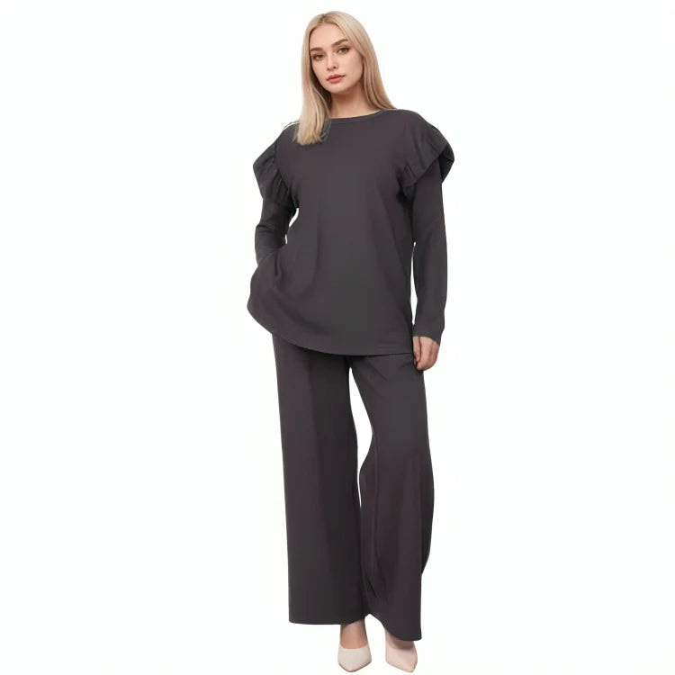 Ladies frill sleeve loungewear set in Charcoal color