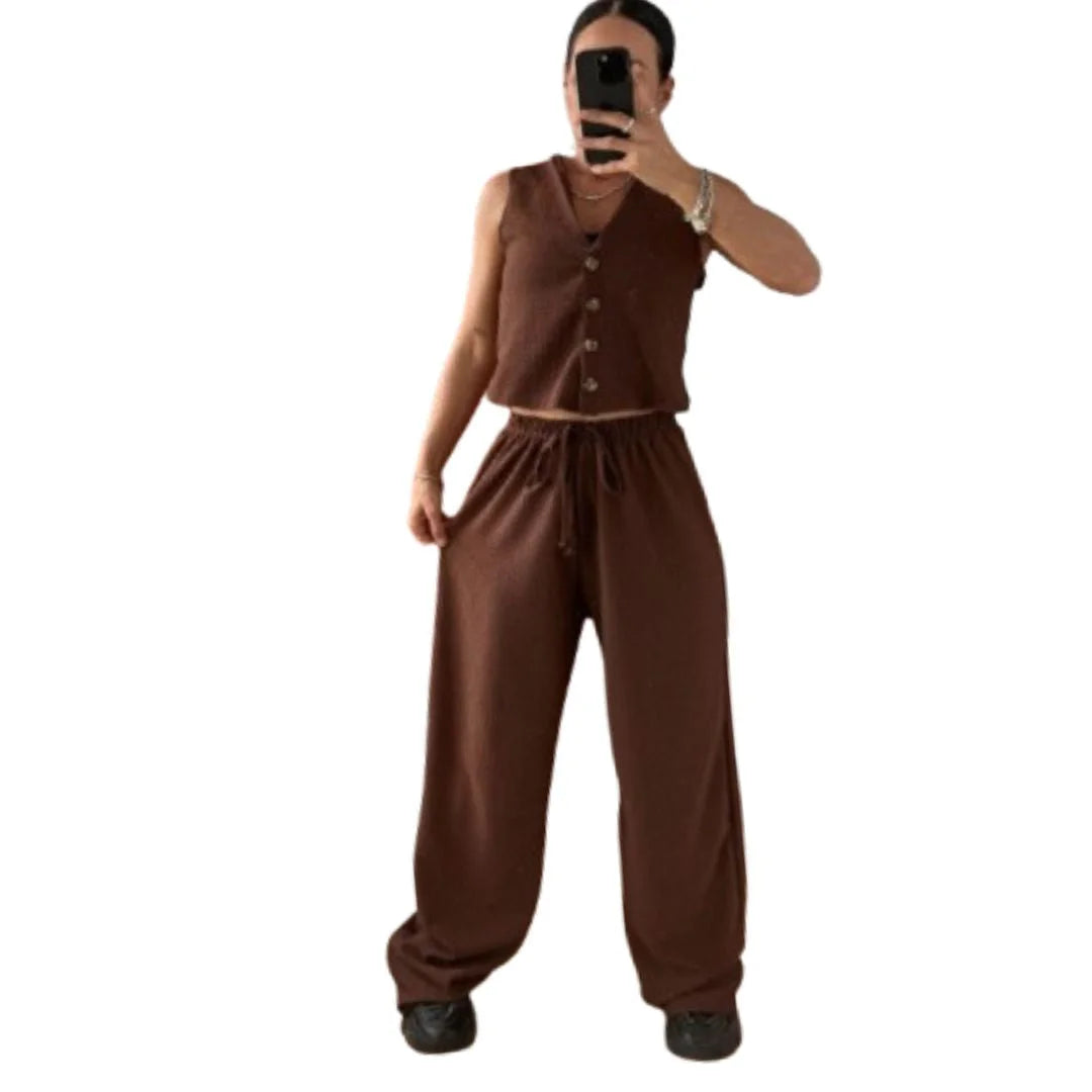 Women’s wide leg pants two piece set in Chocolate Brown color