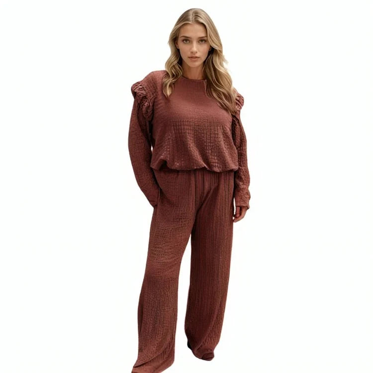 Ladies frill sleeve loungewear set in Chocolate Brown color