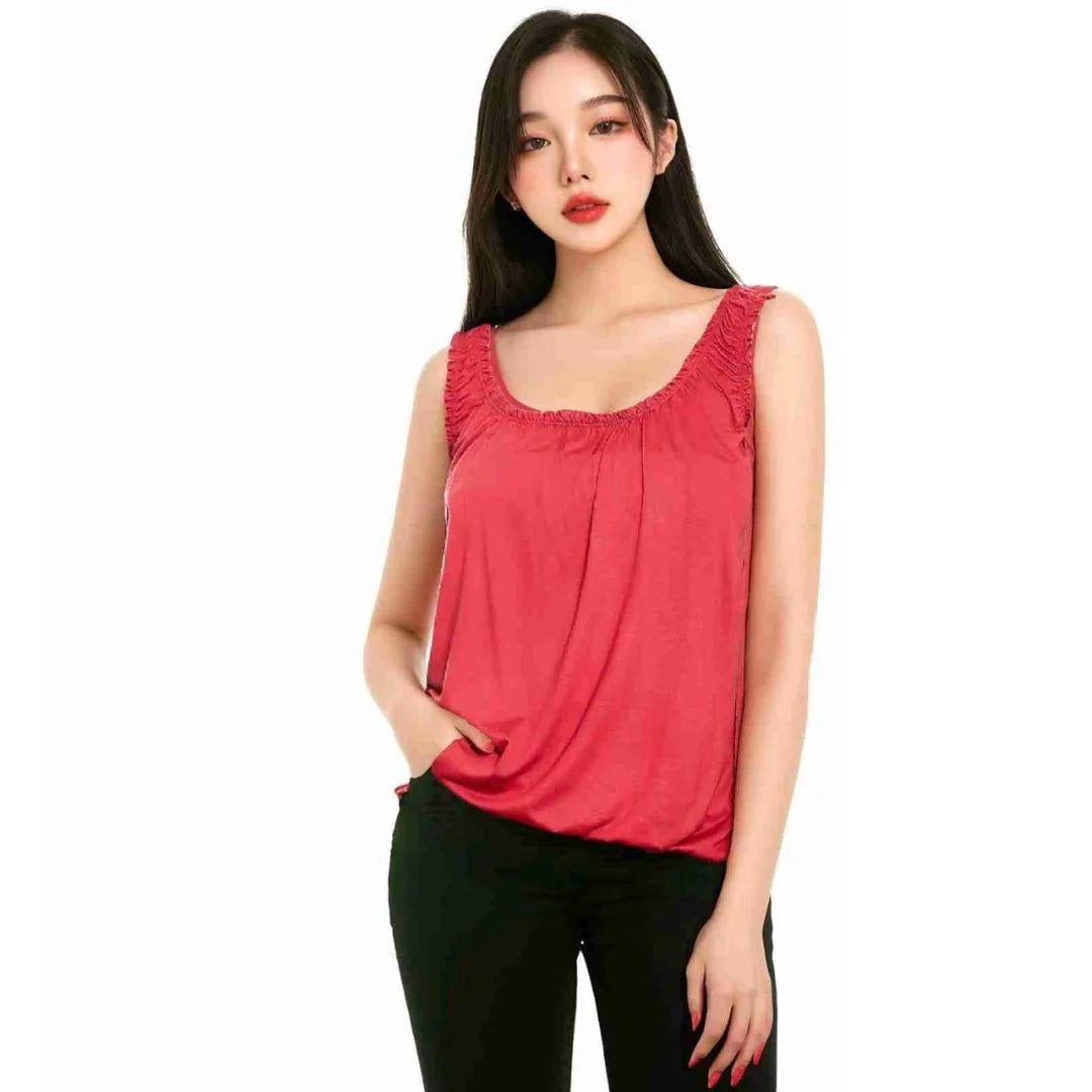 Women’s sleeveless bubble hem tank top in Coral color