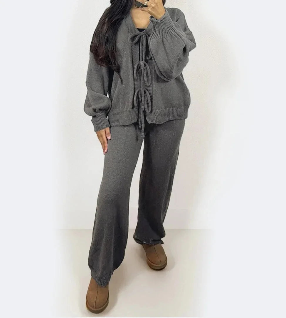 Women’s bow tie front cardigan in Dark Grey color