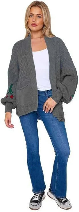 Women’s cherry print knit cardigan in Charcoal color