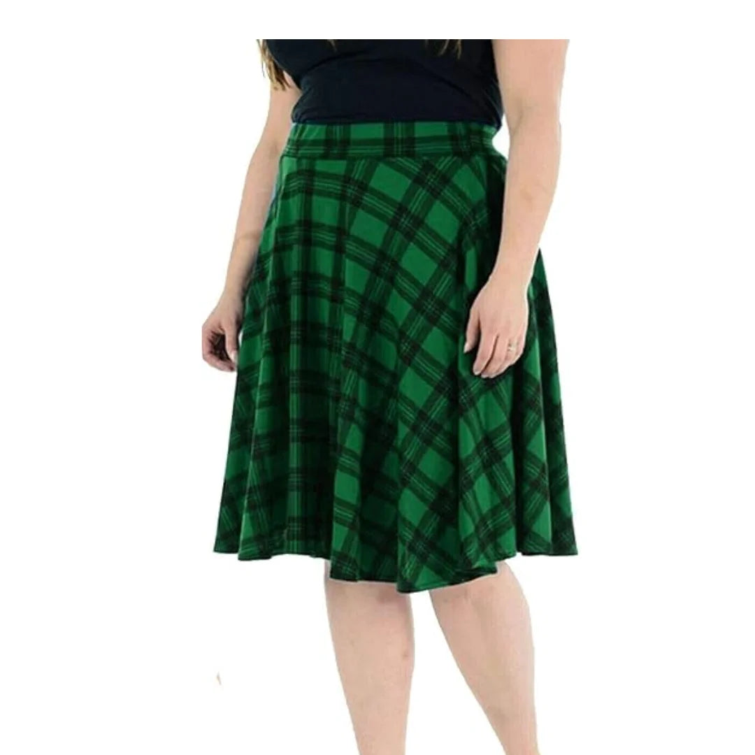 Ladies plain stretchy skater skirt in Green Tartan color