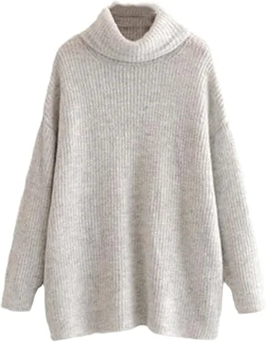 Women’s chunky knitted high roll neck jumper dress in silver grey color