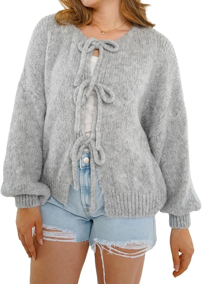 Women’s open front puff sleeve cardigan in Grey color