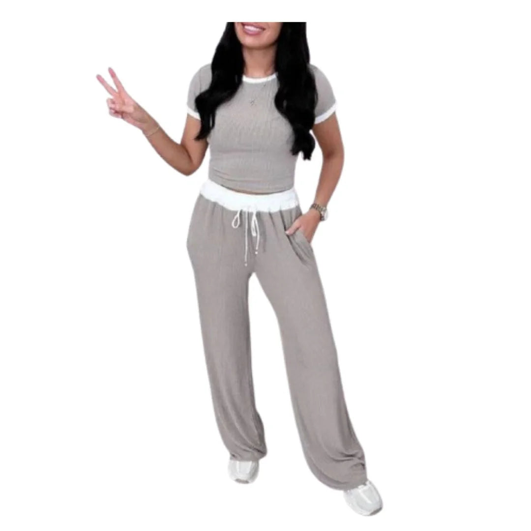 Ladies ribbed crop top and trouser co-ord set in Grey color