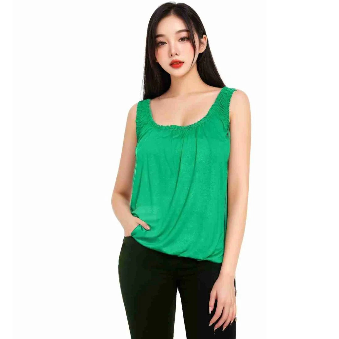 Women’s sleeveless bubble hem tank top in Jade Green color