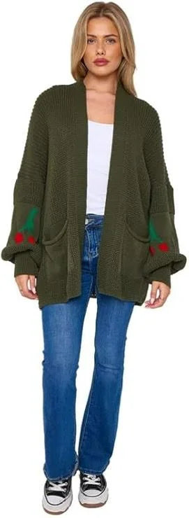 Women’s cherry print knit cardigan in Khaki color
