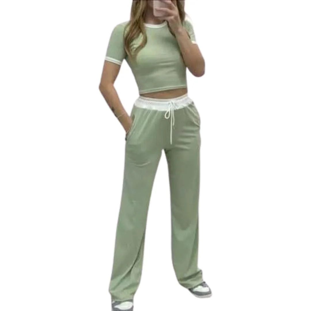 Ladies ribbed crop top and trouser co-ord set in Khaki color