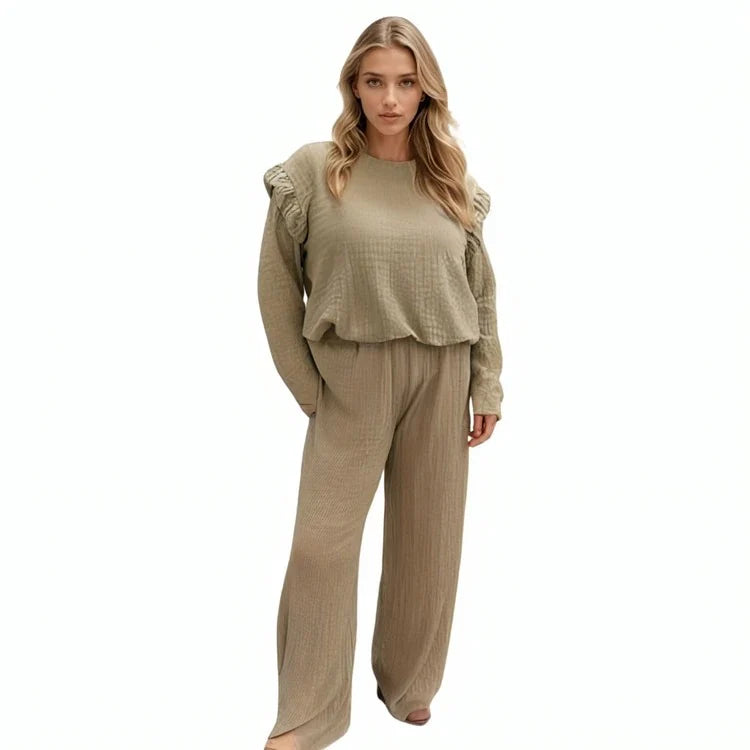 Ladies frill sleeve loungewear set in Khaki color