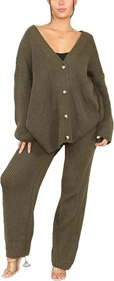 Ladies 2-piece Italian knitted cardigan and wide-leg loungewear co-ord tracksuit set in Khaki color