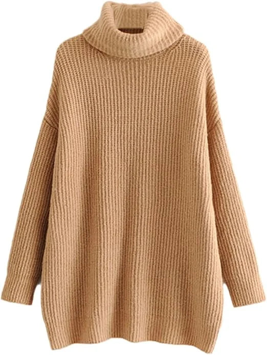 Women’s chunky knitted high roll neck jumper dress in Khaki color