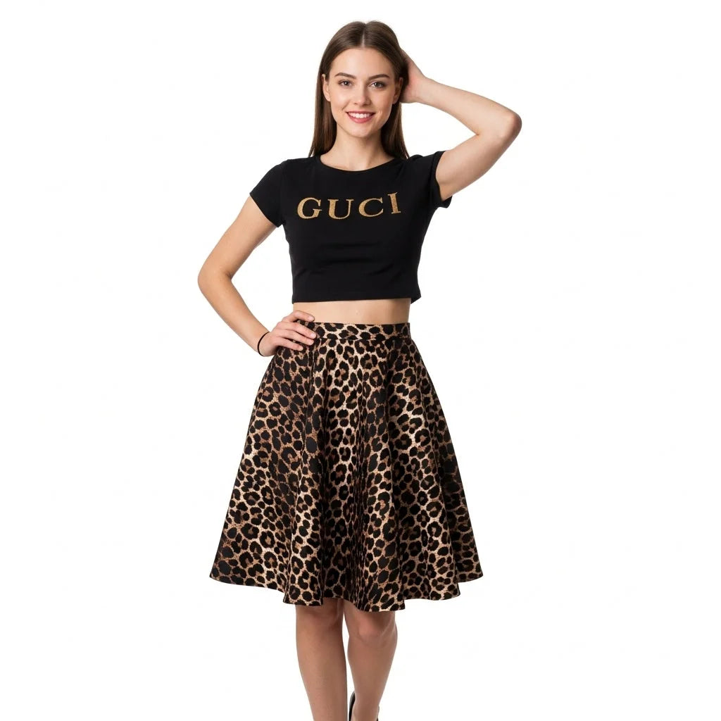 Ladies plain stretchy skater skirt in Leopard color