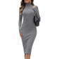 Ladies high funnel neck maxi knitted dress in Grey color