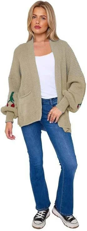Women’s cherry print knit cardigan in Mocha color