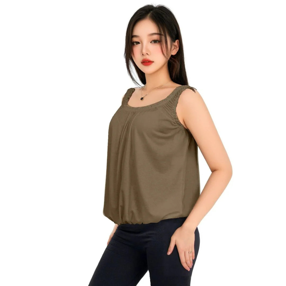 Women’s sleeveless bubble hem tank top in Mocha color