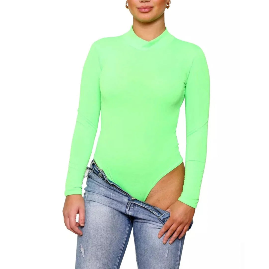 Women’s mock neck long sleeve bodysuit in Neon Green color
