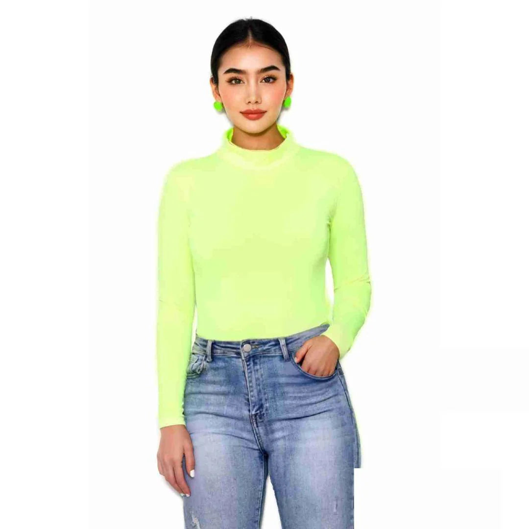 Women’s mock neck long sleeve bodysuit in Neon Yellow color