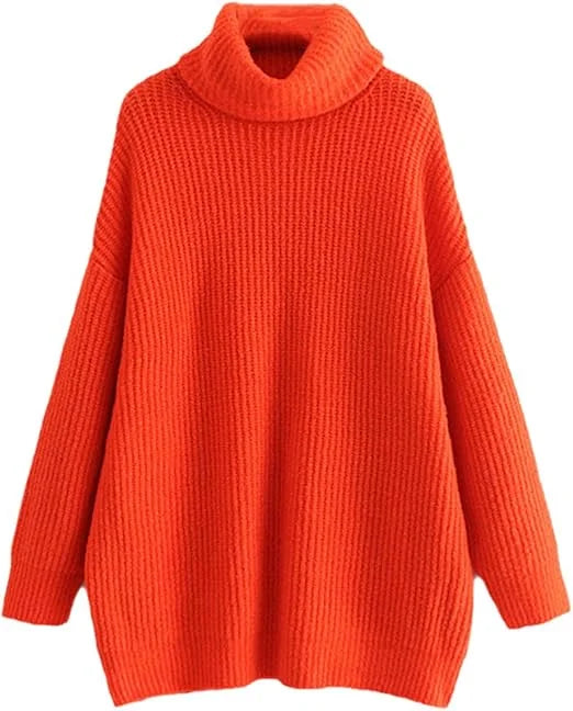 Women’s chunky knitted high roll neck jumper dress in orange color