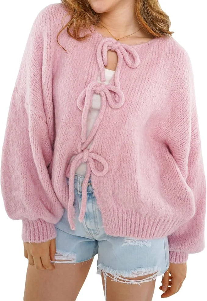 Women’s open front puff sleeve cardigan in Pink color