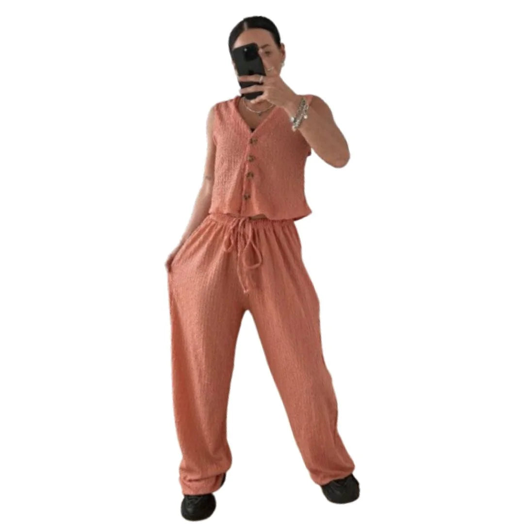 Women’s wide leg pants two piece set in Pink color