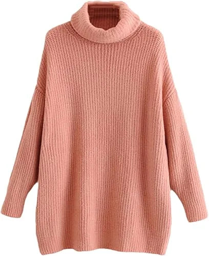 Women’s chunky knitted high roll neck jumper dress in pink color