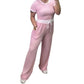 Ladies ribbed crop top and trouser co-ord set in Pink color