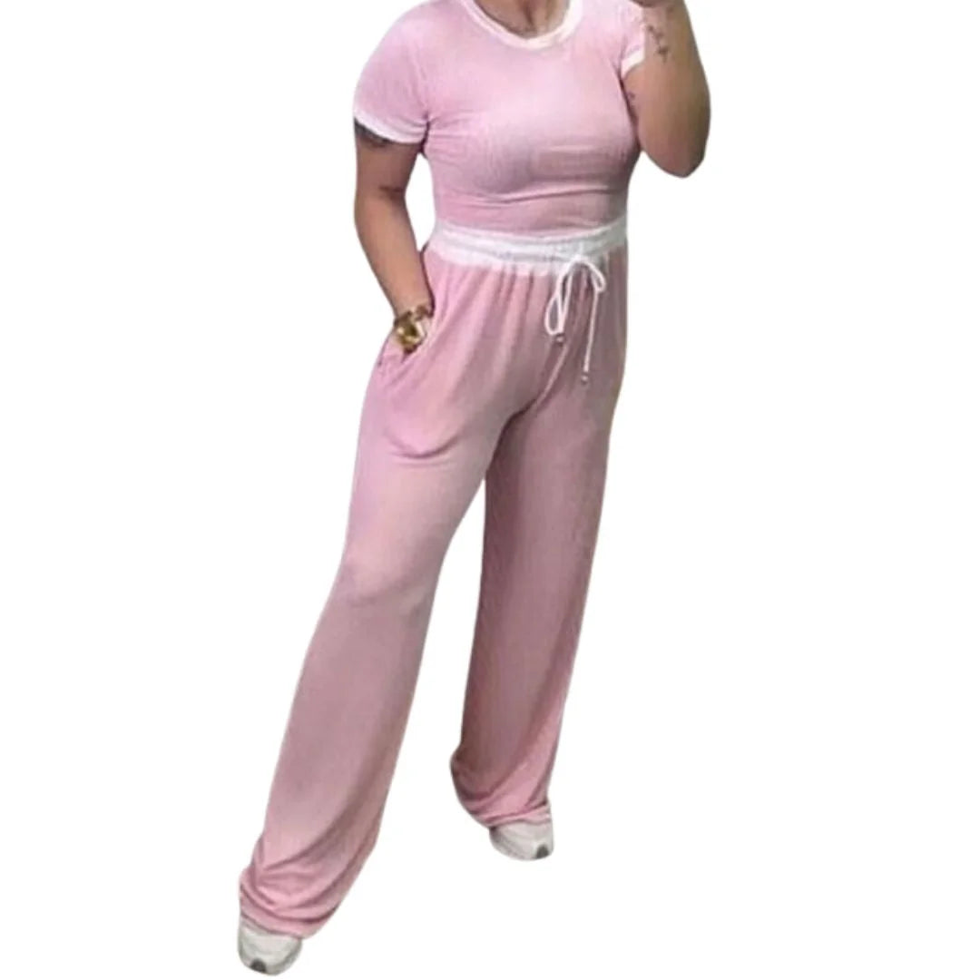 Ladies ribbed crop top and trouser co-ord set in Pink color