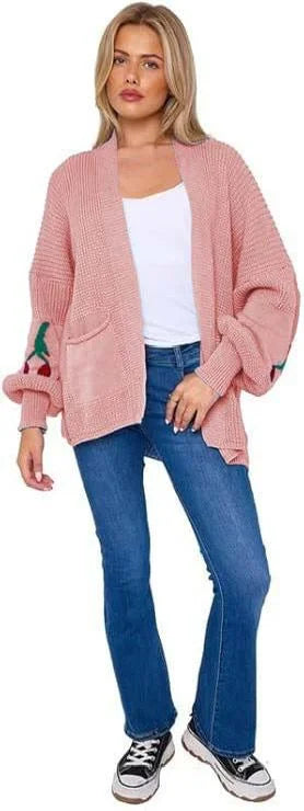 Women’s cherry print knit cardigan in Pink color