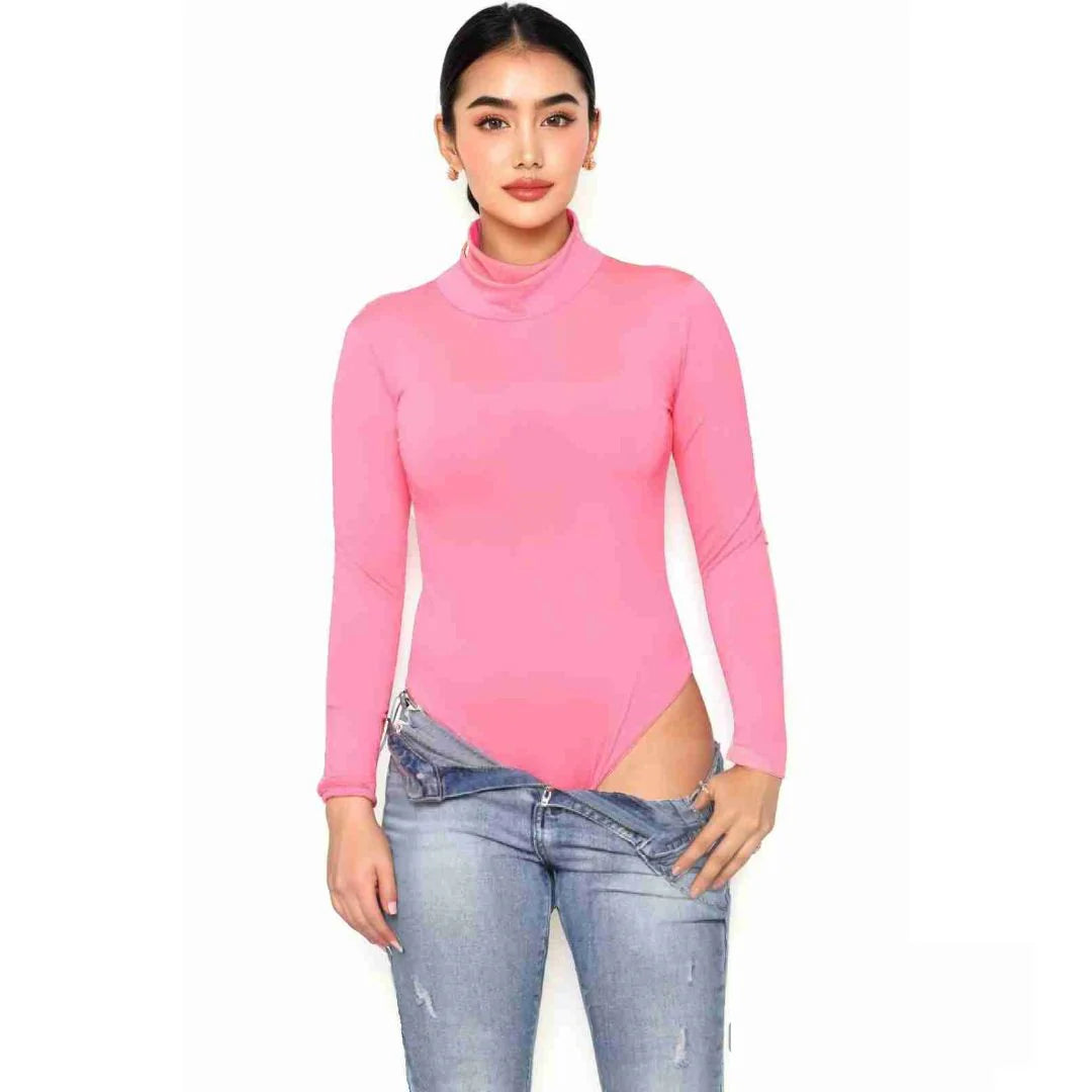 Women’s mock neck long sleeve bodysuit in Neon Pink color