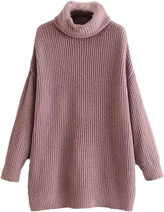 Women’s chunky knitted high roll neck jumper dress in purple color