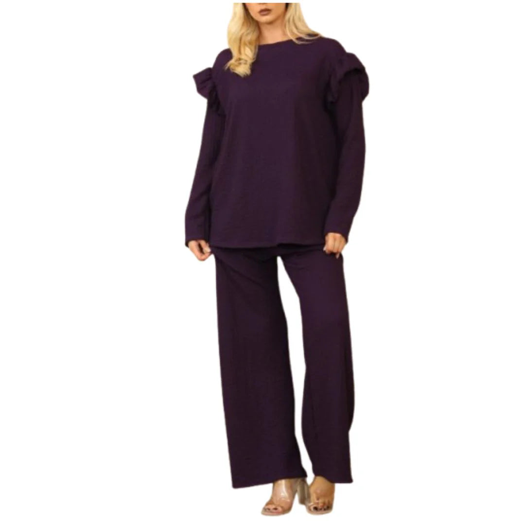 Ladies frill sleeve loungewear set in Purple color