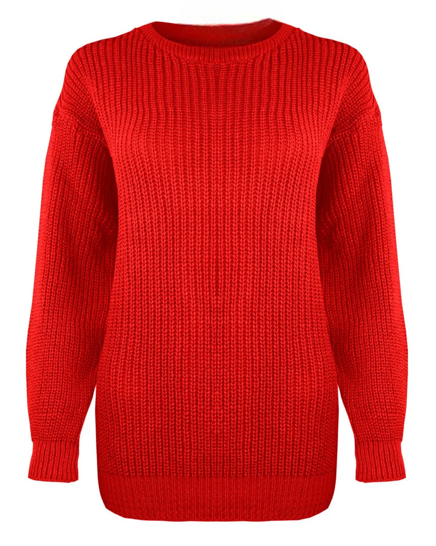 Ladies long knitted tunic jumper dress in Red color