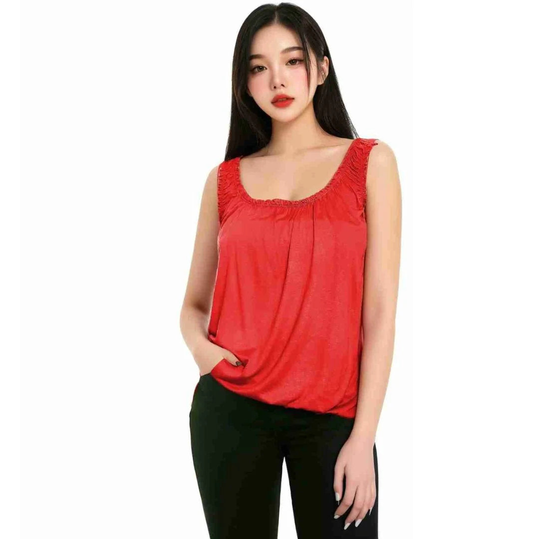 Women’s sleeveless bubble hem tank top in Red color