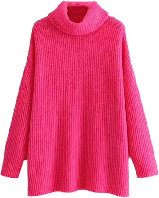 Women’s chunky knitted high roll neck jumper dress in rosered color