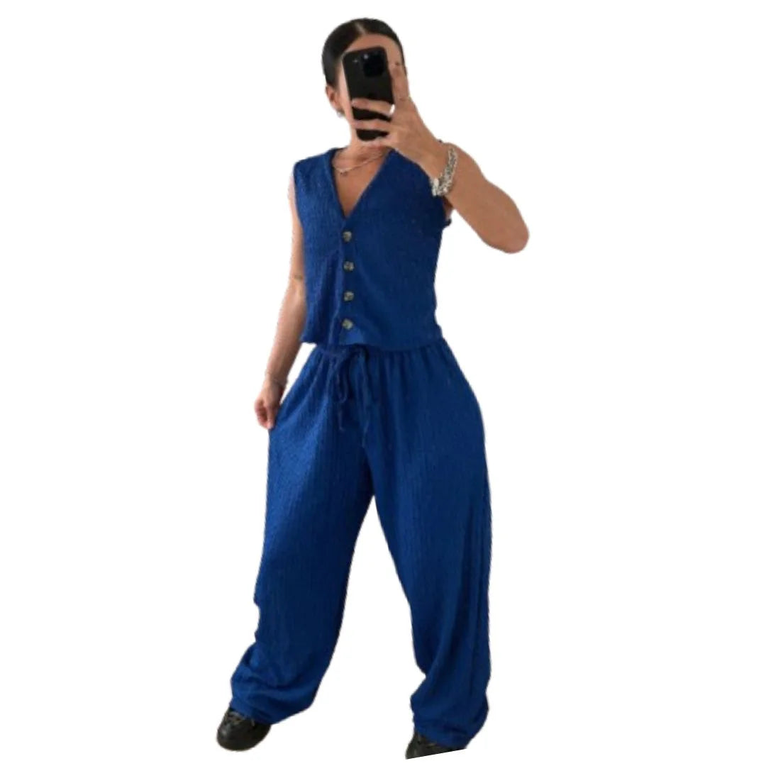 Women’s wide leg pants two piece set in Royal Blue color