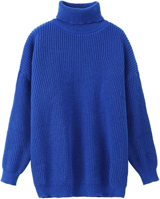 Women’s chunky knitted high roll neck jumper dress in royal blue color