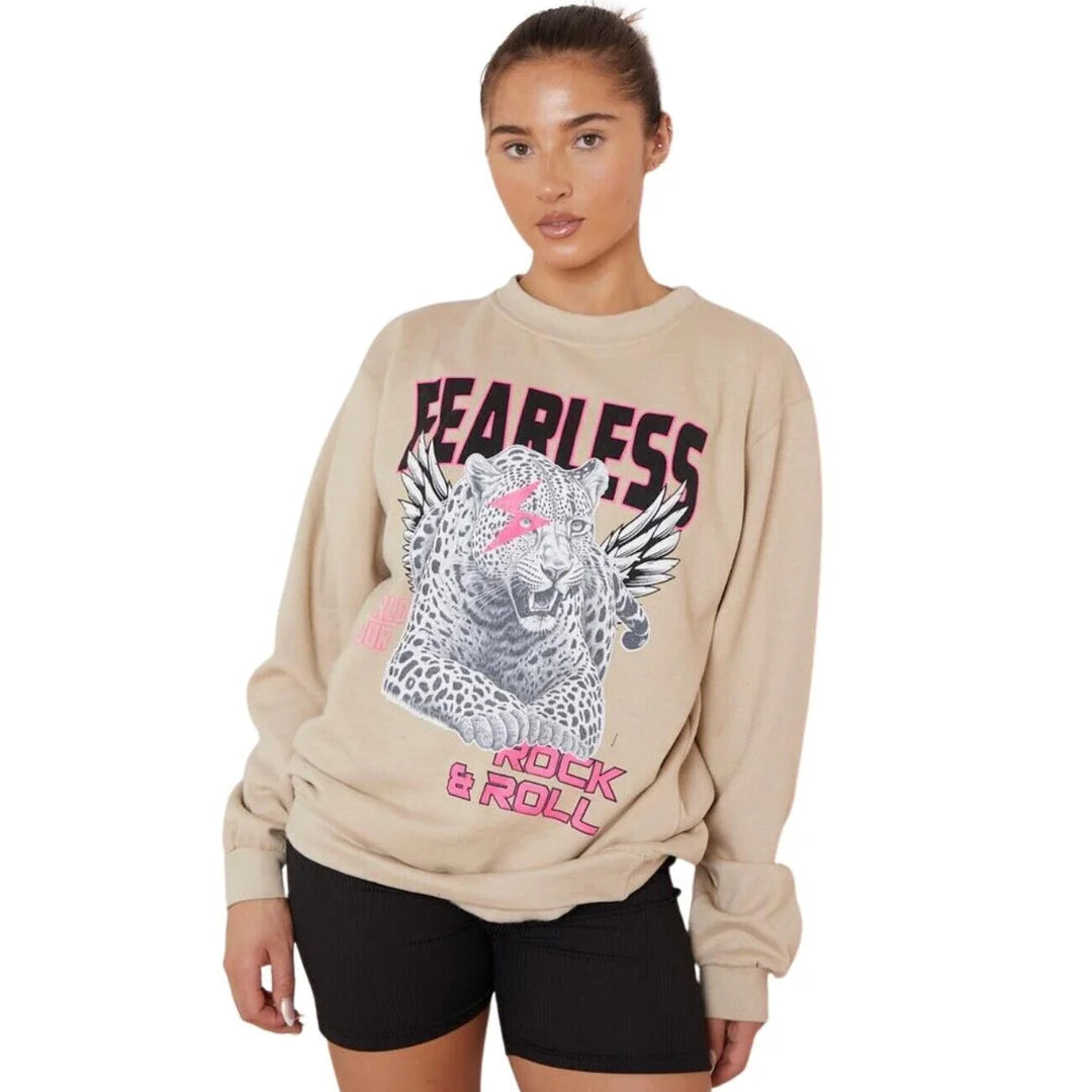 Women’s fearless tiger print sweatshirt in Stone color