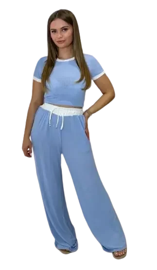 Ladies ribbed crop top and trouser co-ord set in Lilac color