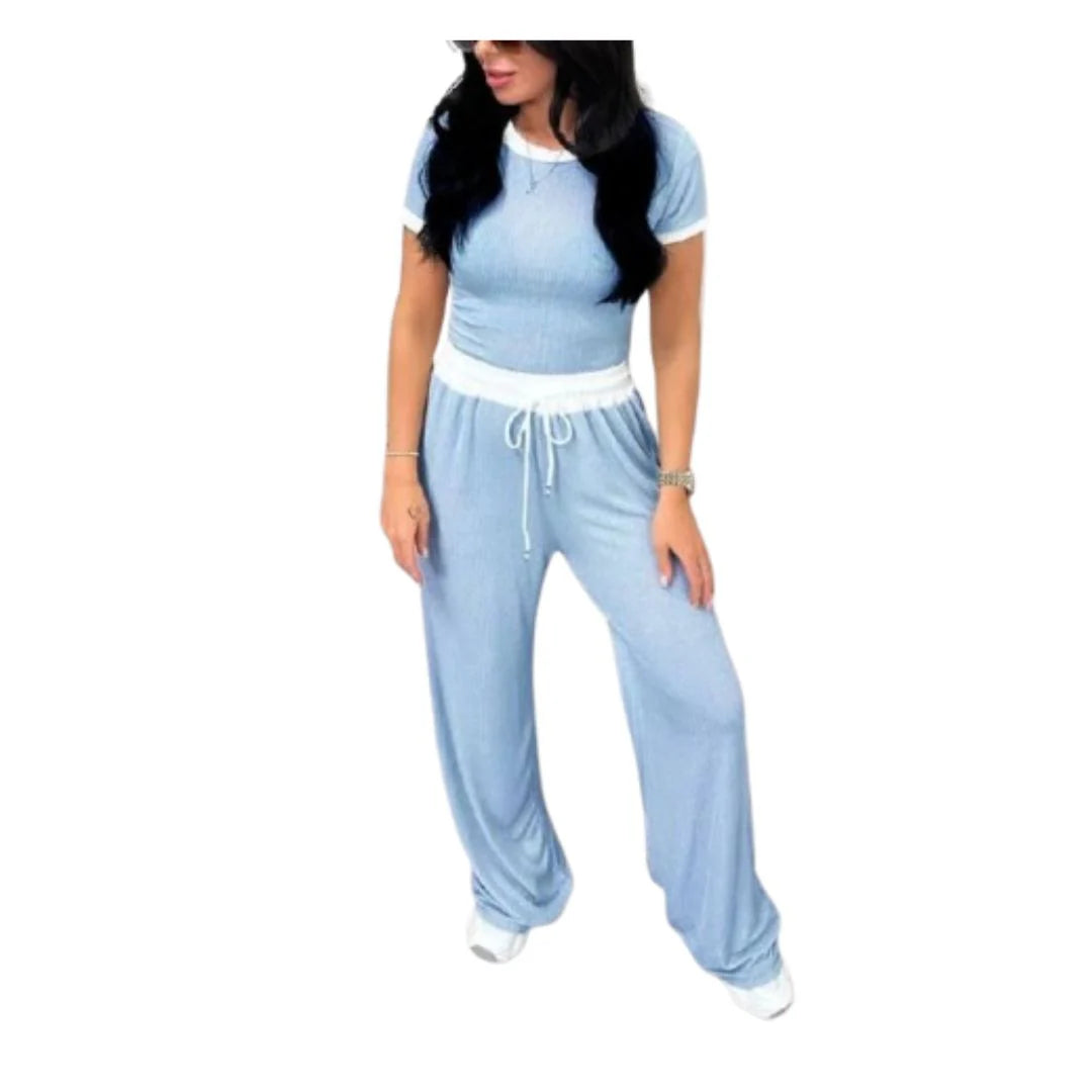 Ladies ribbed crop top and trouser co-ord set in Sky Blue color