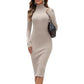 Ladies high funnel neck maxi knitted dress in Stone color