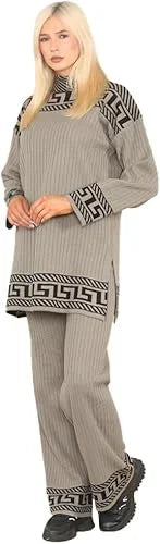 Ladies high neck geometric print jumper suit in Beige color