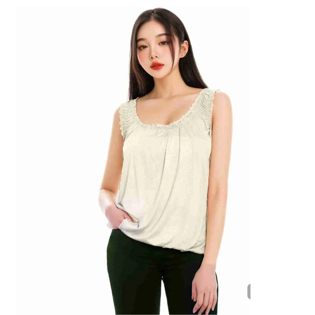 Women’s sleeveless bubble hem tank top in Stone color