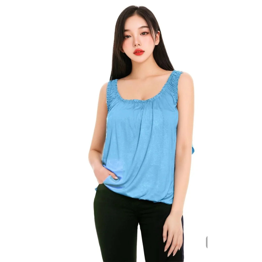 Women’s sleeveless bubble hem tank top in Turquoise color