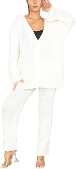 Ladies 2-piece Italian knitted cardigan and wide-leg loungewear co-ord tracksuit set in White color